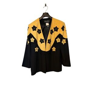Moshita Couture Black Yellow Floral Beaded Blazer Jacket Plus Size 22 Vintage